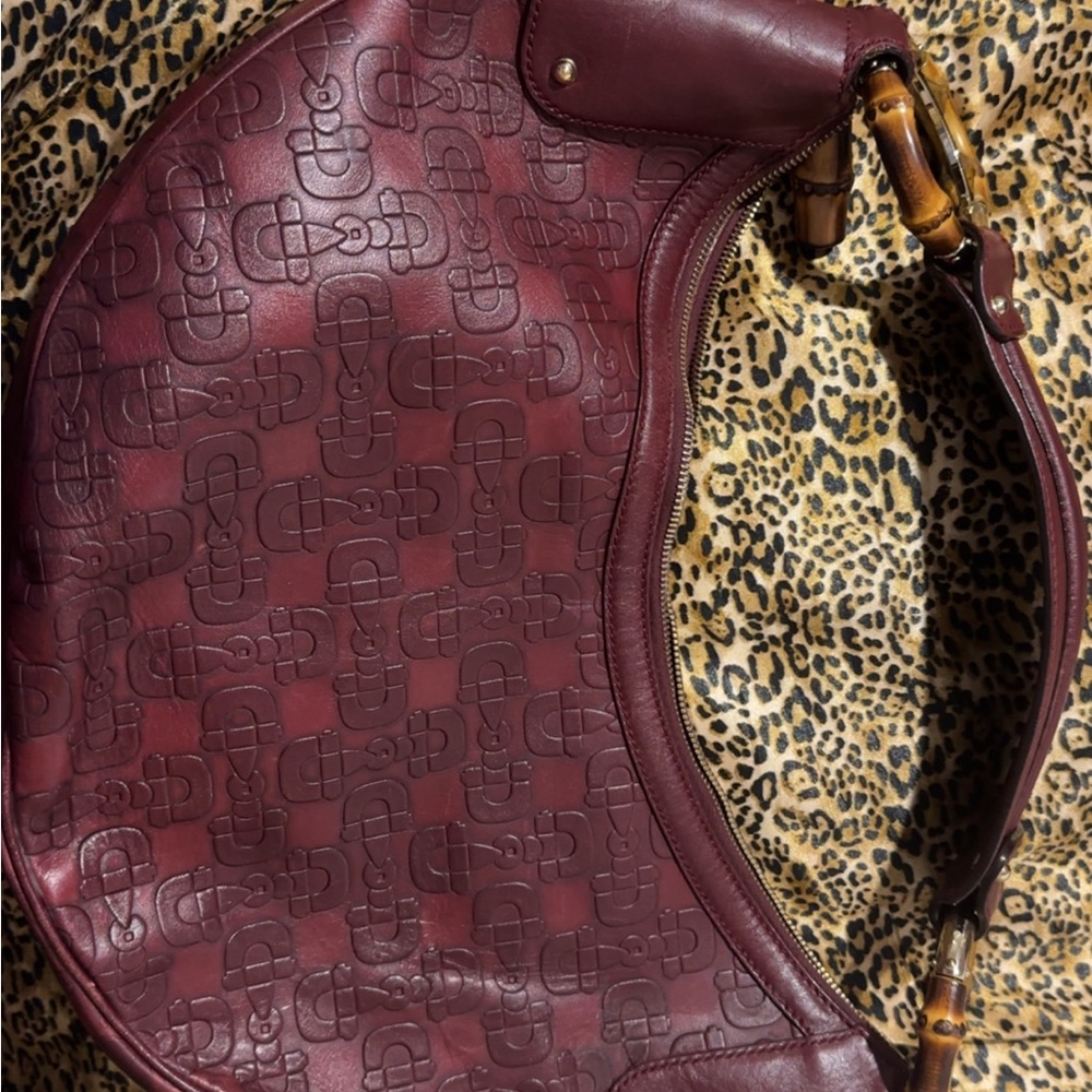 Gucci Bamboo Ring Half-Moon Bag with Embossed Leather and Gold Accents